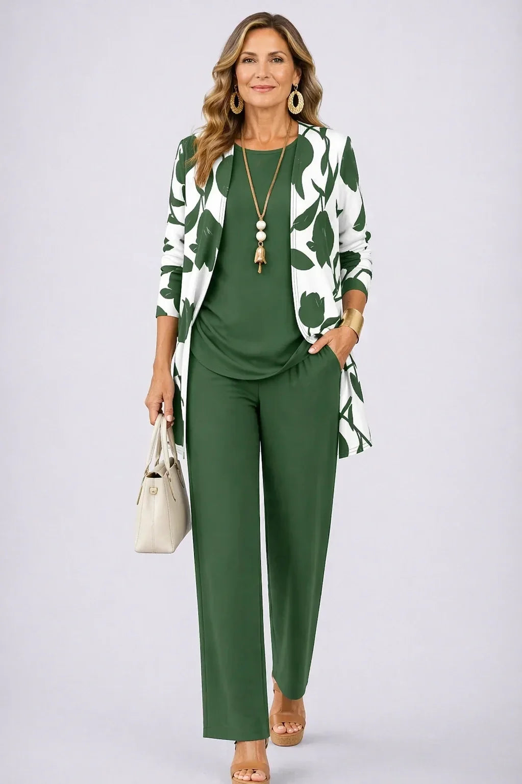 Verdana | Bottle Green Leaf-Print Three-Piece Set