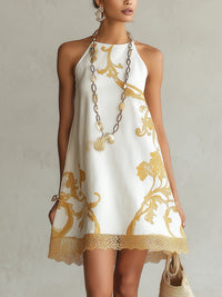 Héloïse | White Lace Mini Dress with Golden Accents