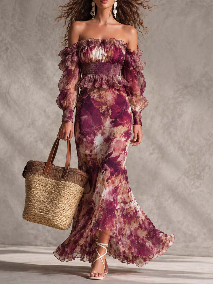 Rosine | Maxi Dress Off-Shoulder Antique Pink, Floral Pattern