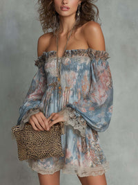 Romane | Off-Shoulder Mini Dress in Gathered Chiffon with Romantic Floral Design