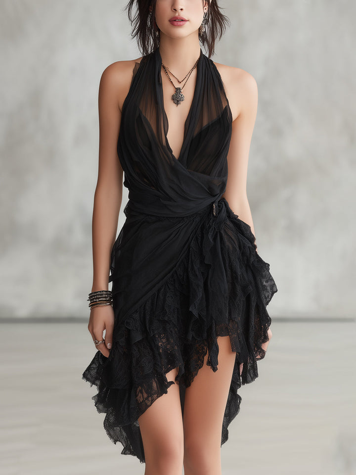 Sélène | Mini Black Dress, Halter Neck in Lace with Ruffles