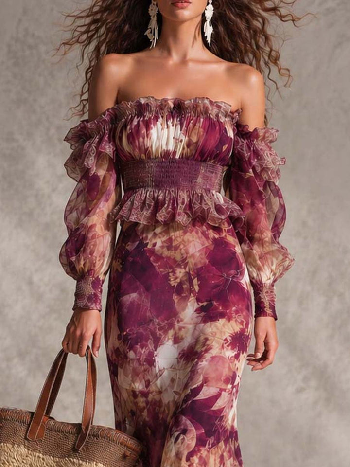 Rosine | Maxi Dress Off-Shoulder Antique Pink, Floral Pattern