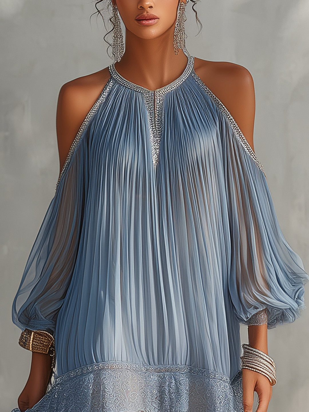 Séraphine | Off-the-Shoulder Blue Mini Dress with Ruching and Lace Trim