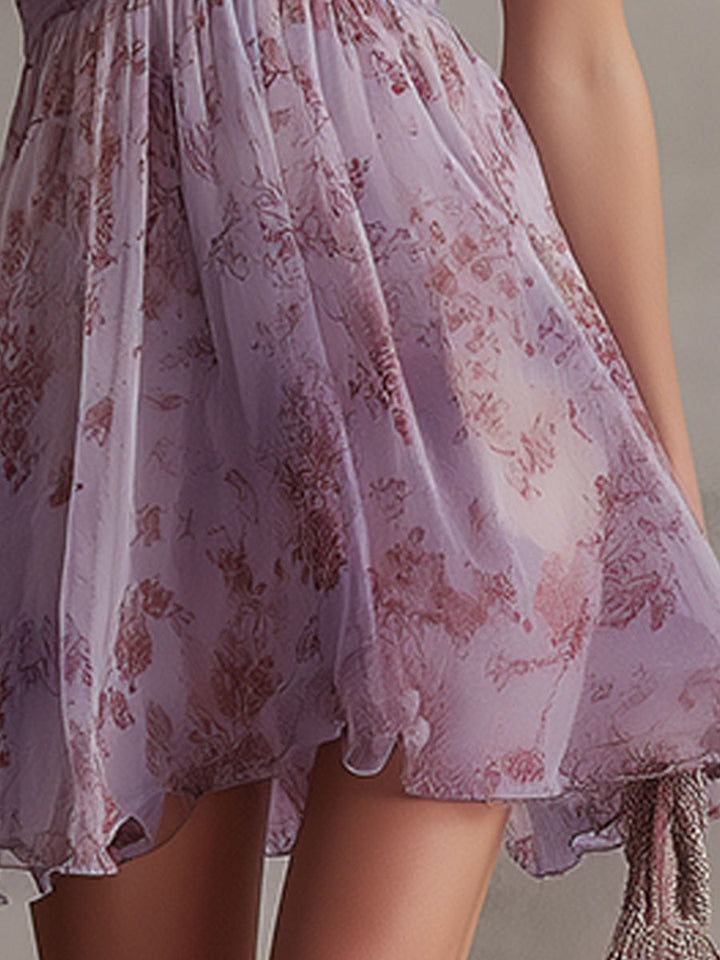 Violet | Mini Dress in Floral Striped Chiffon Retro