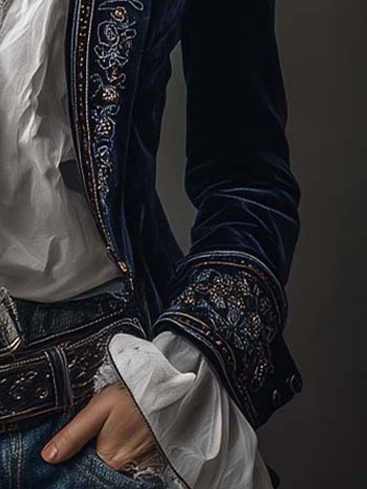 Athénaïs | Vintage Embroidered Long Navy Blue Jacket