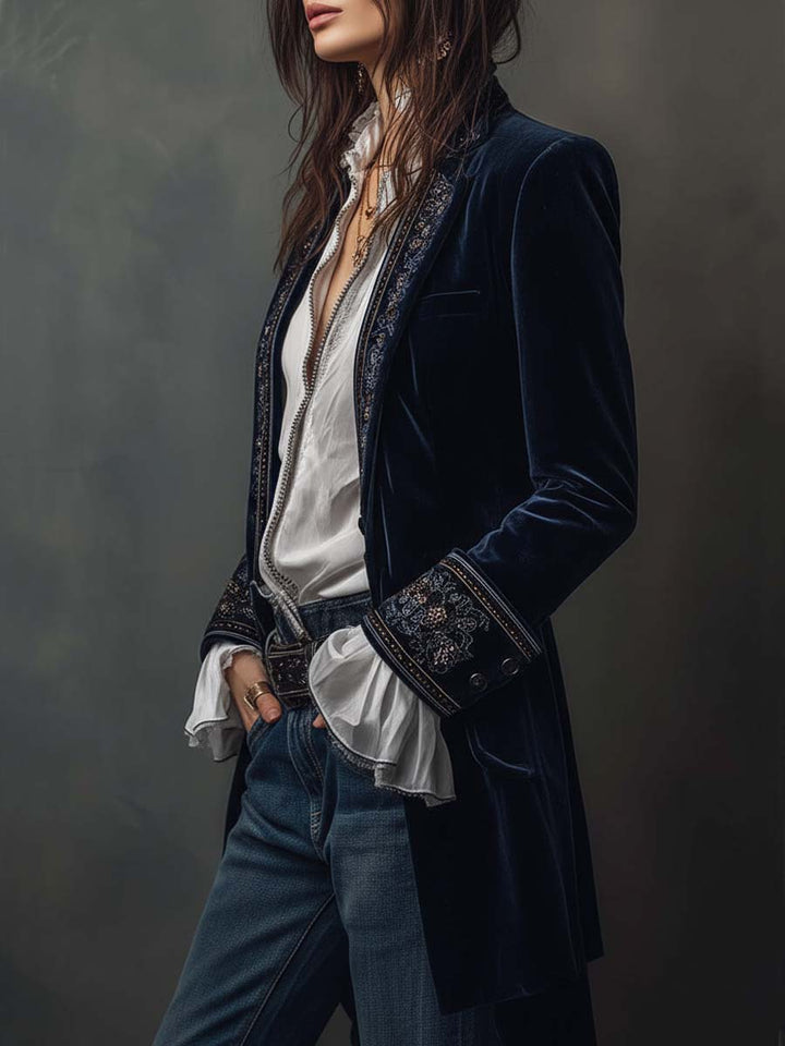 Athénaïs | Vintage Embroidered Long Navy Blue Jacket