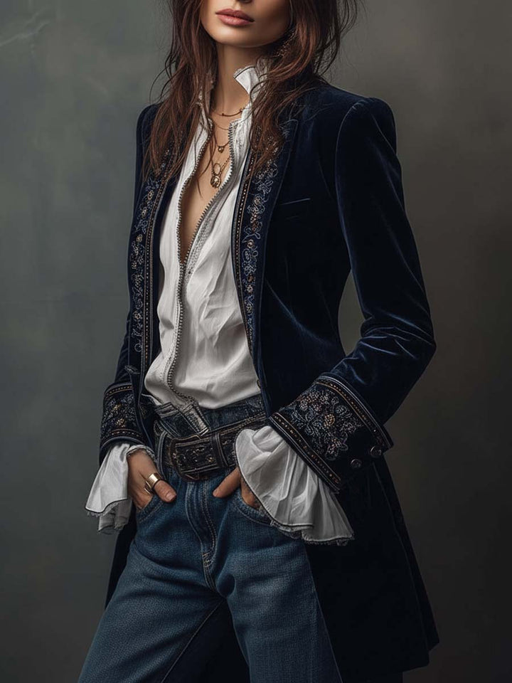 Athénaïs | Vintage Embroidered Long Navy Blue Jacket