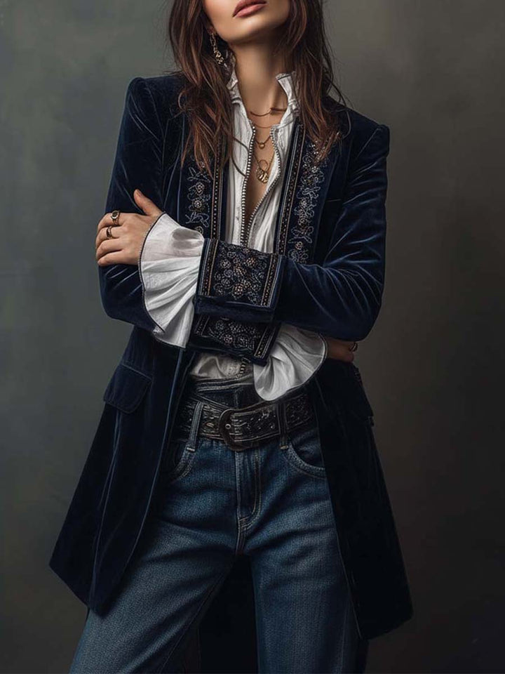 Athénaïs | Vintage Embroidered Long Navy Blue Jacket