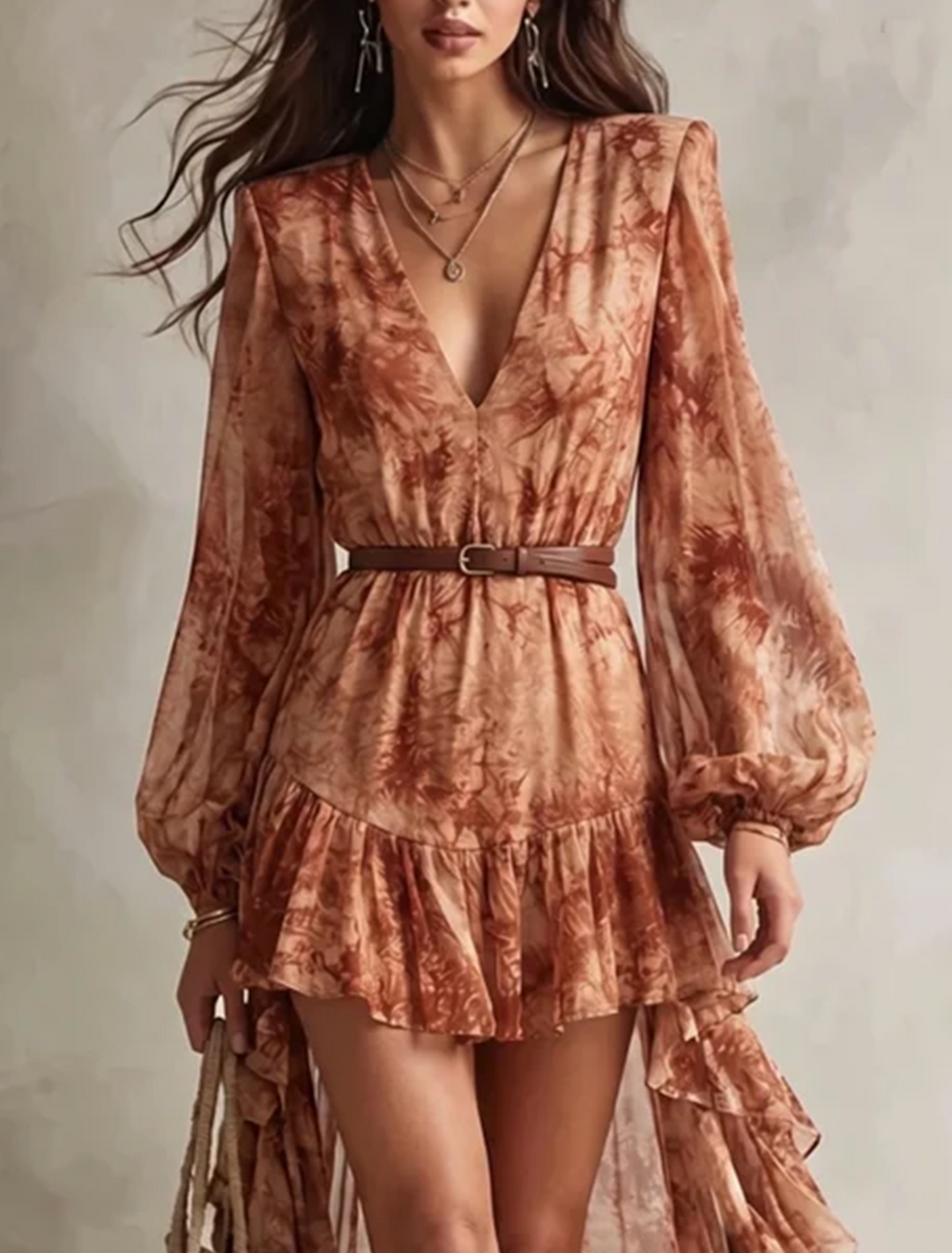 Clémence | Mini Dress with Long Sleeves, V-Neck, Terracotta Floral Print