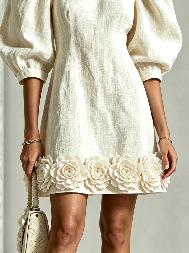 Blanche | Floral-Hem Puff-Sleeve Mini Dress
