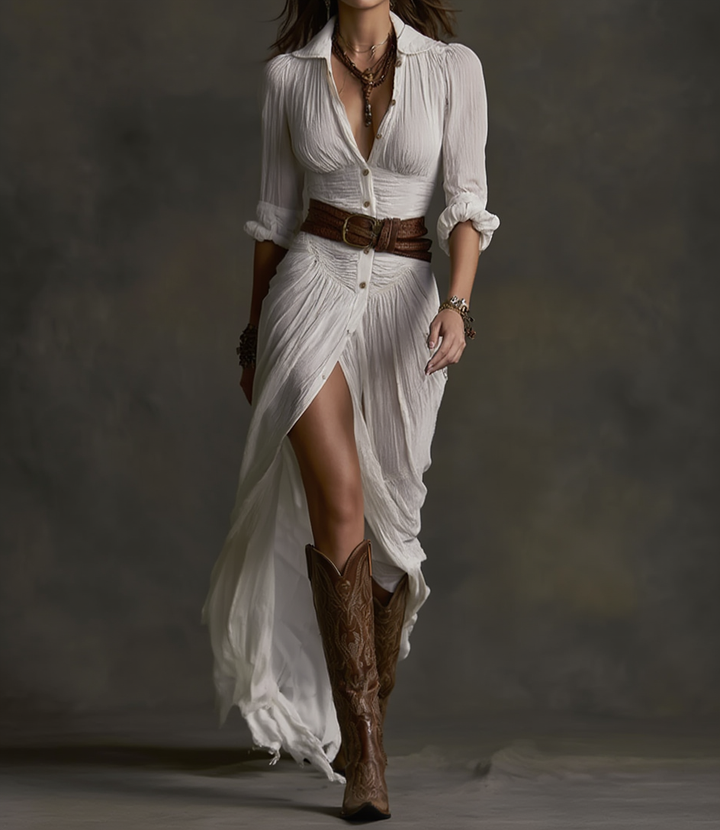 Aurore | Long Linen Dress with Reversed Collar