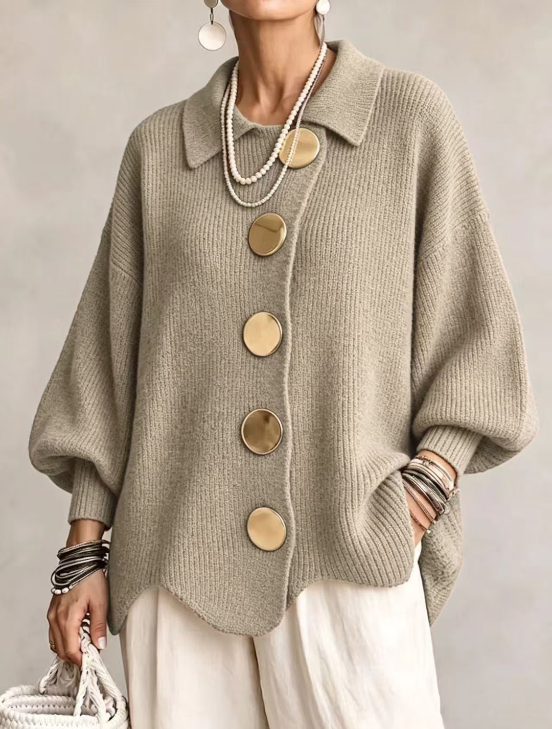 Isadora | Oversized Collared Cardigan With Large Metal Buttons