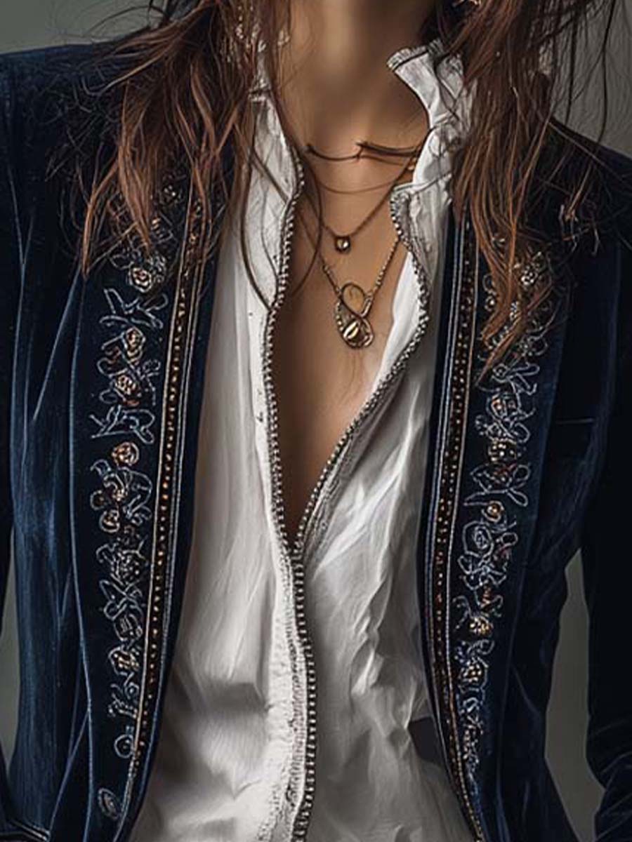 Athénaïs | Vintage Embroidered Long Navy Blue Jacket