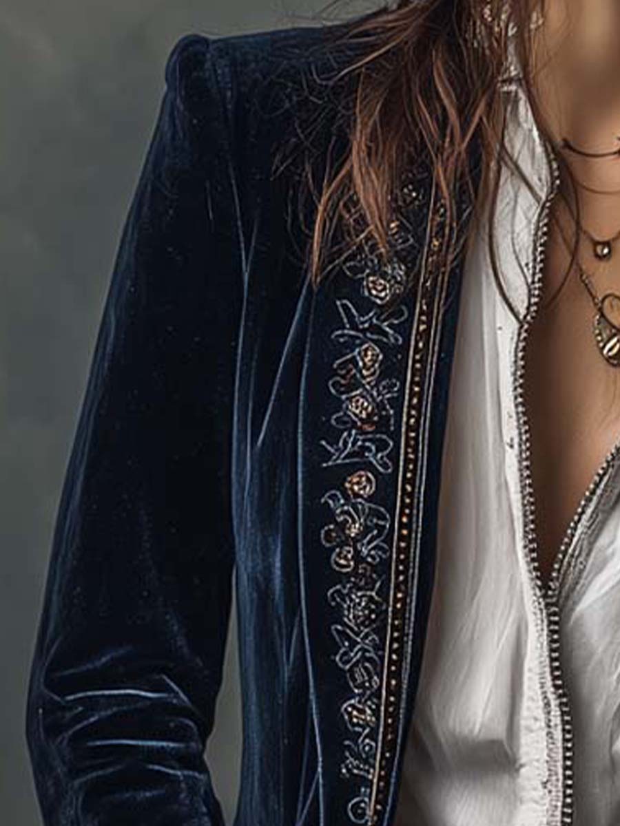 Athénaïs | Vintage Embroidered Long Navy Blue Jacket