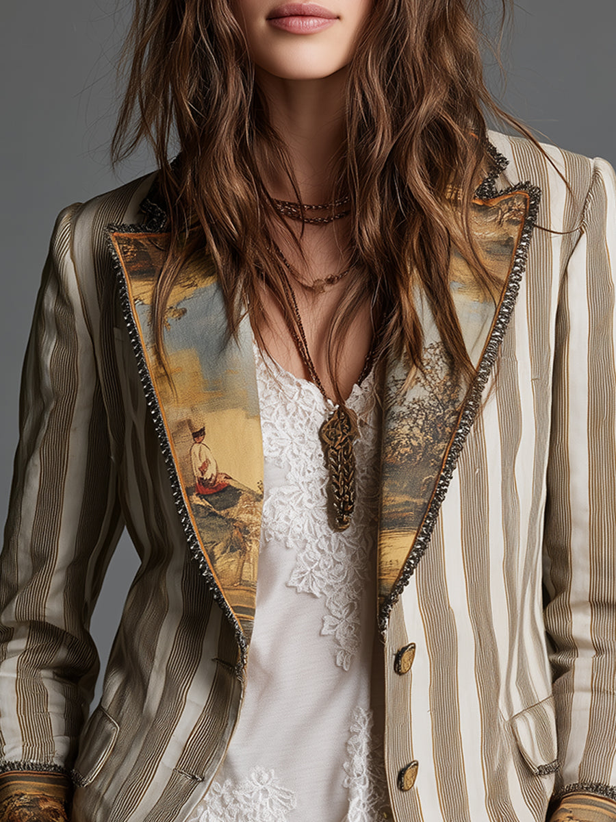 Suzanne | Striped Bohemian Blazer with Printed Collar