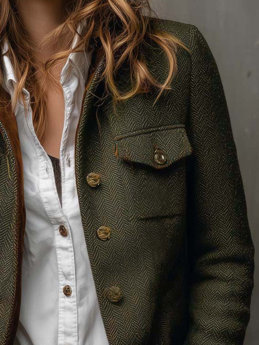 Honorine | Vintage Chevron Blazer with Contrasting Piping