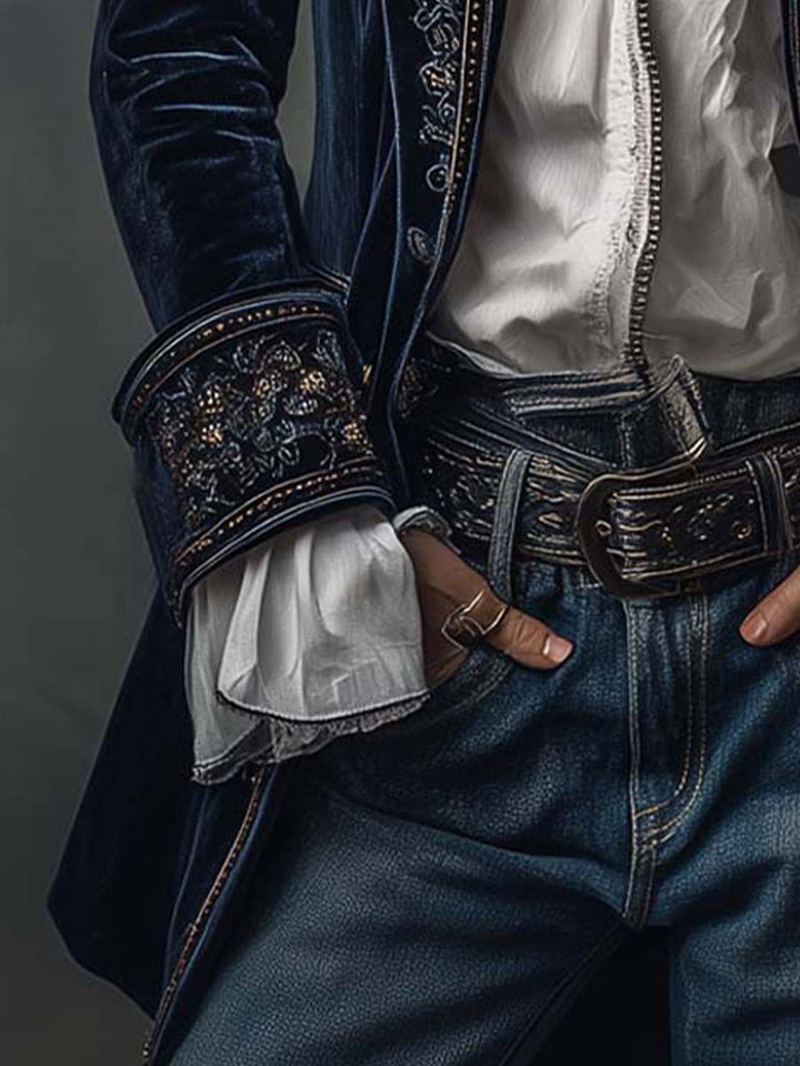 Athénaïs | Vintage Embroidered Long Navy Blue Jacket