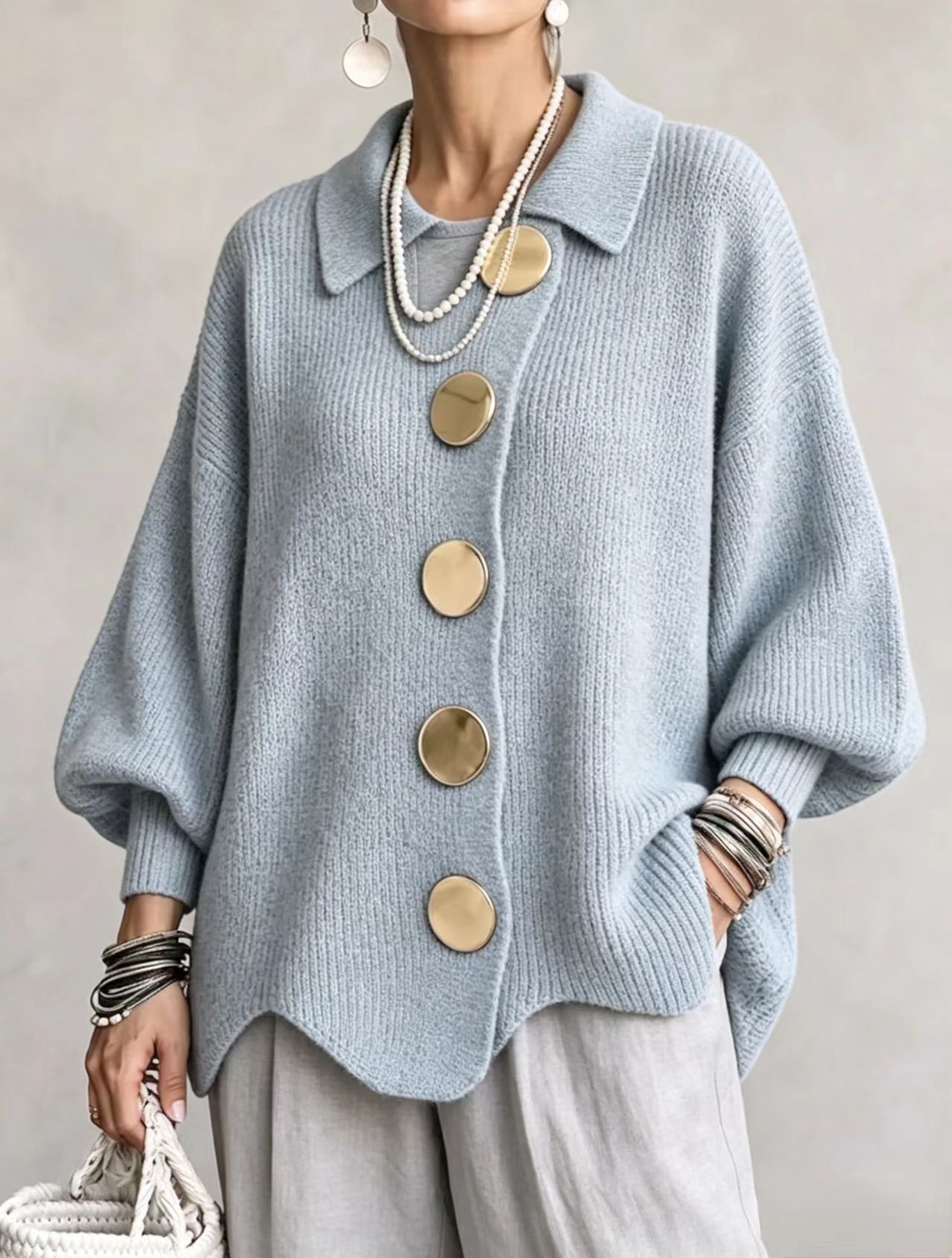 Isadora | Oversized Collared Cardigan With Large Metal Buttons