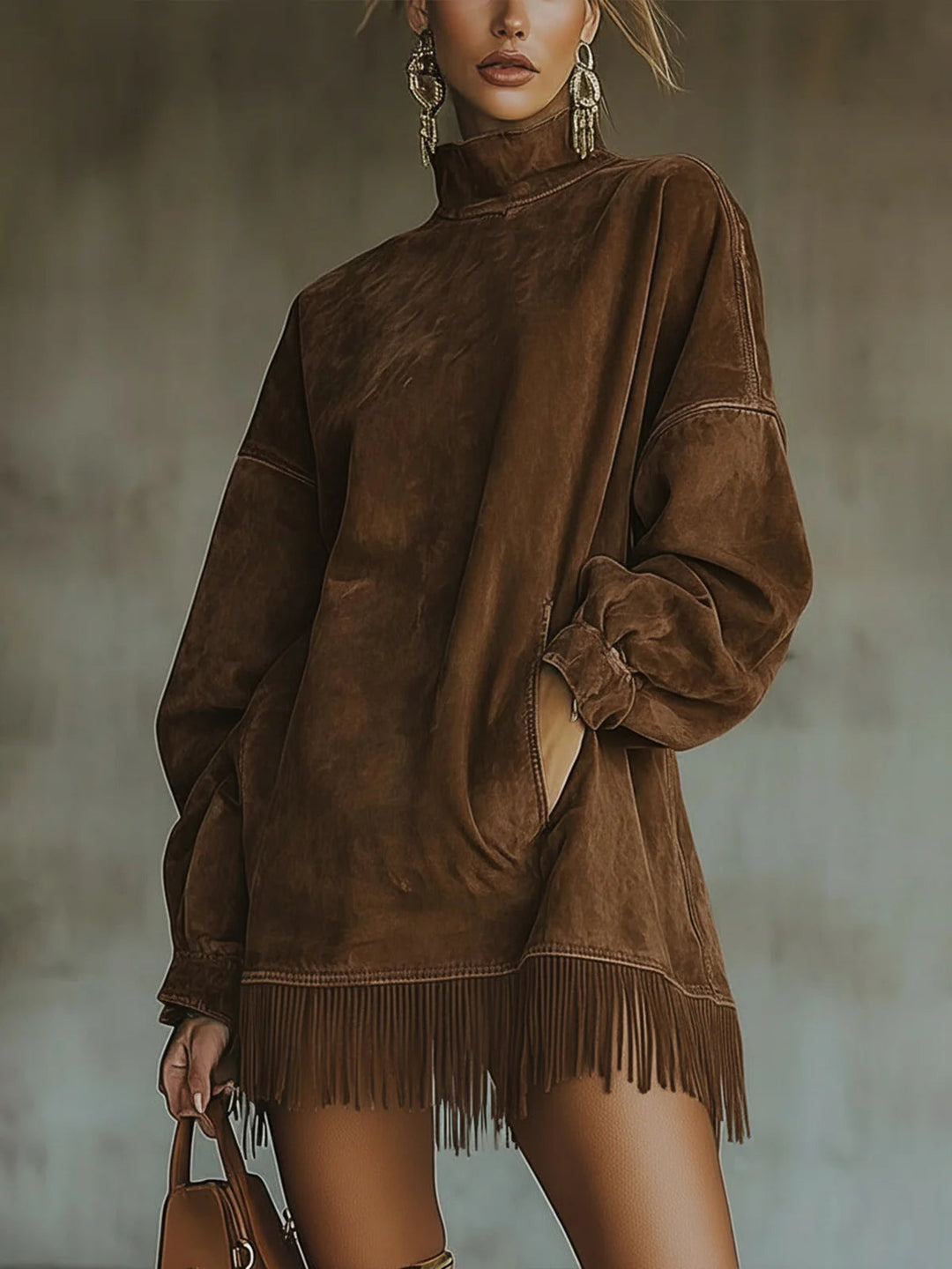 Gabrielle | Faux Suede Dress with Mock Neck and Fringe