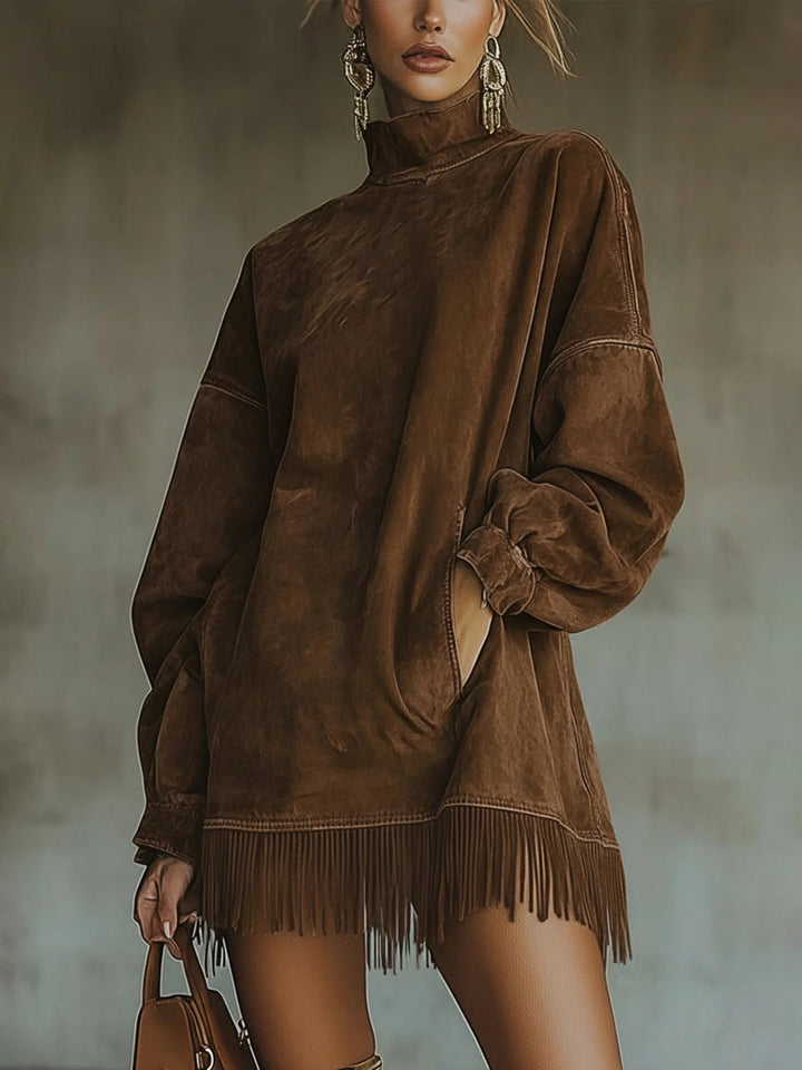 Gabrielle | Faux Suede Dress with Mock Neck and Fringe