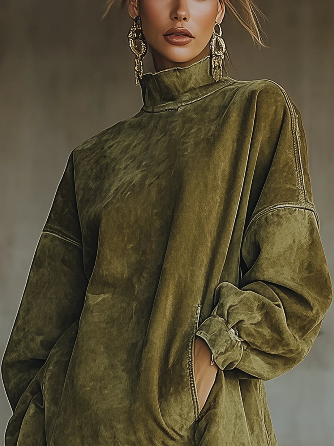 Gabrielle | Faux Suede Dress with Mock Neck and Fringe