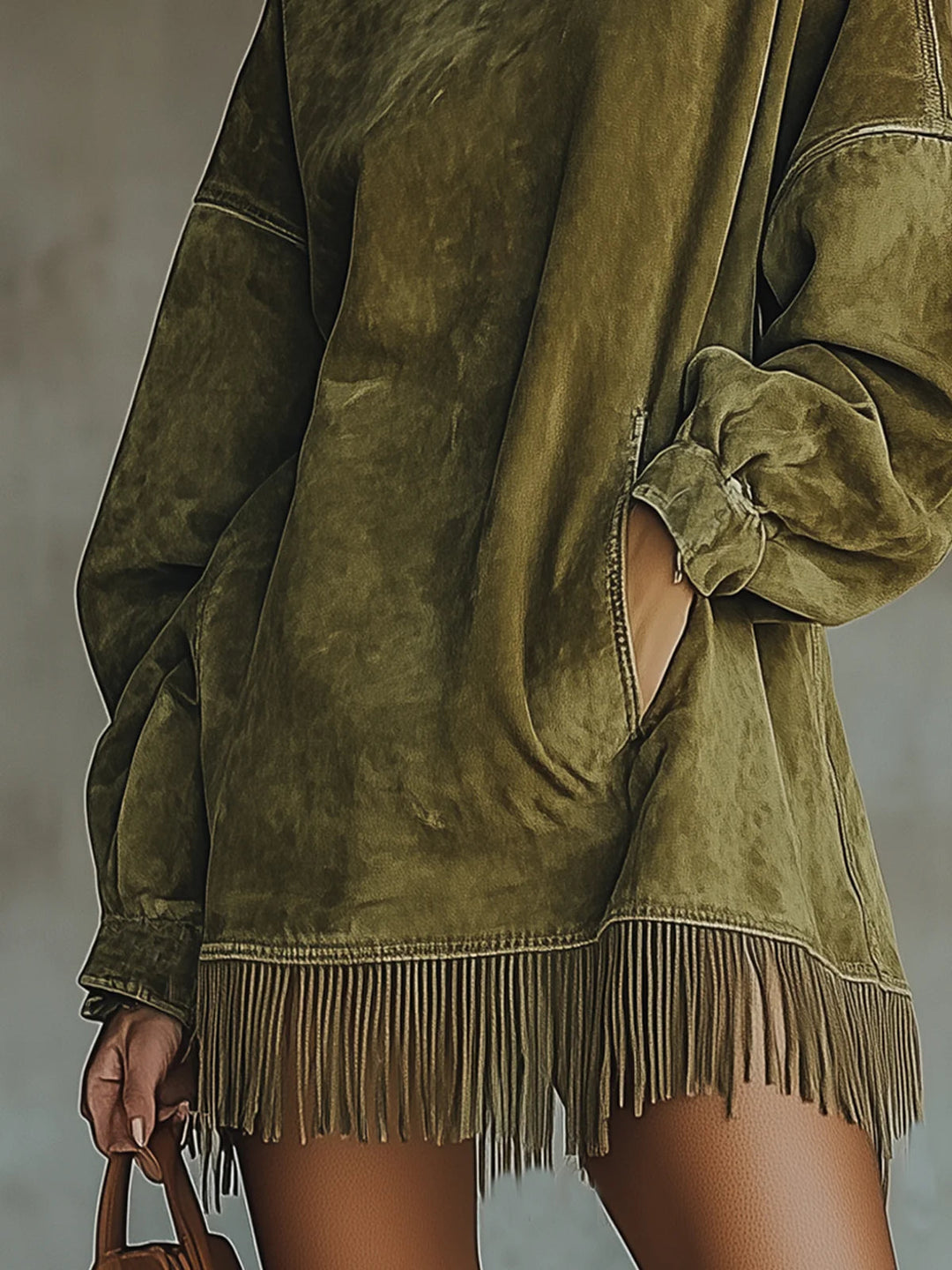 Gabrielle | Faux Suede Dress with Mock Neck and Fringe