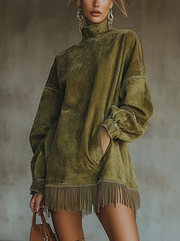 Gabrielle | Faux Suede Dress with Mock Neck and Fringe