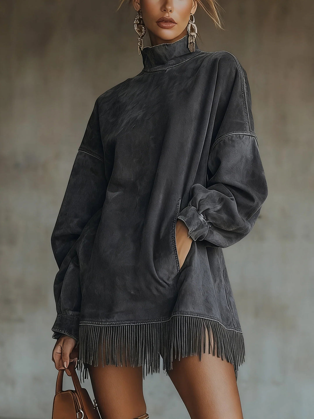 Gabrielle | Faux Suede Dress with Mock Neck and Fringe