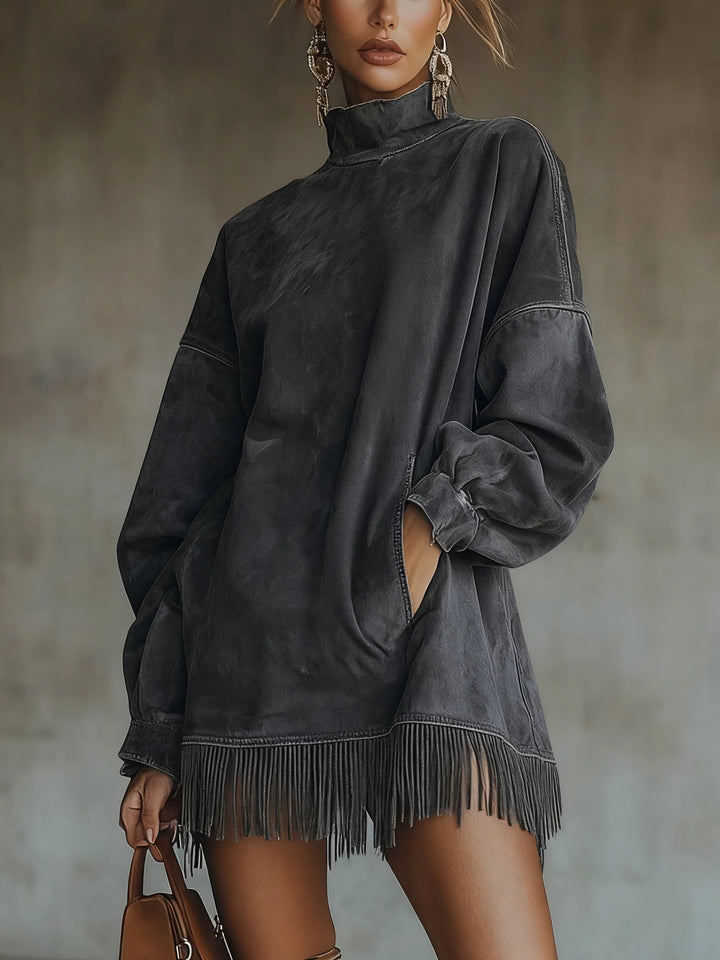 Gabrielle | Faux Suede Dress with Mock Neck and Fringe