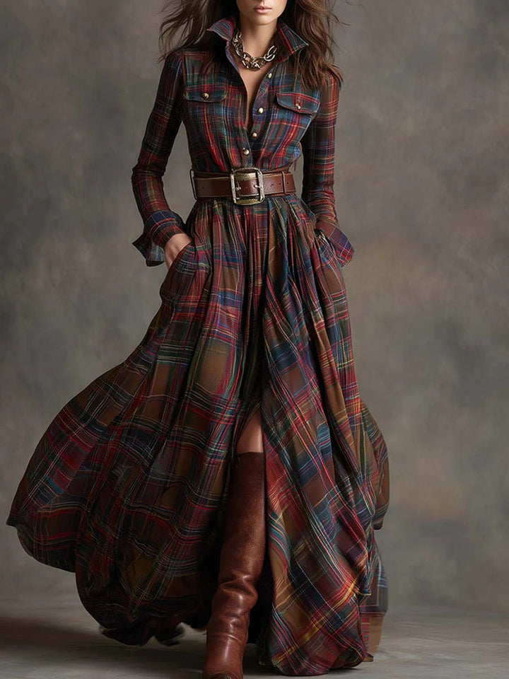 Béatrice | Long Plaid Dress with Belt