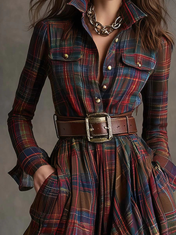 Béatrice | Long Plaid Dress with Belt
