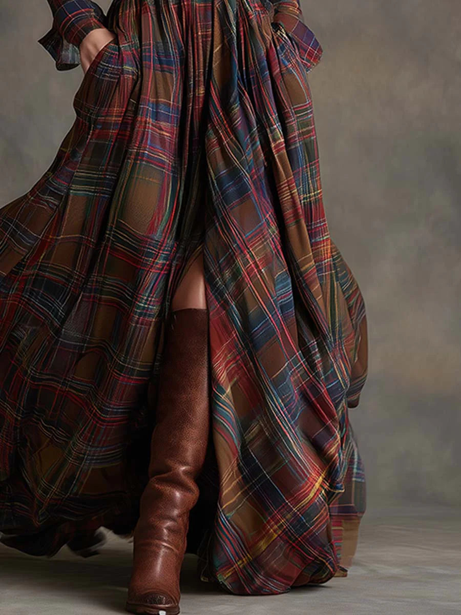 Béatrice | Long Plaid Dress with Belt