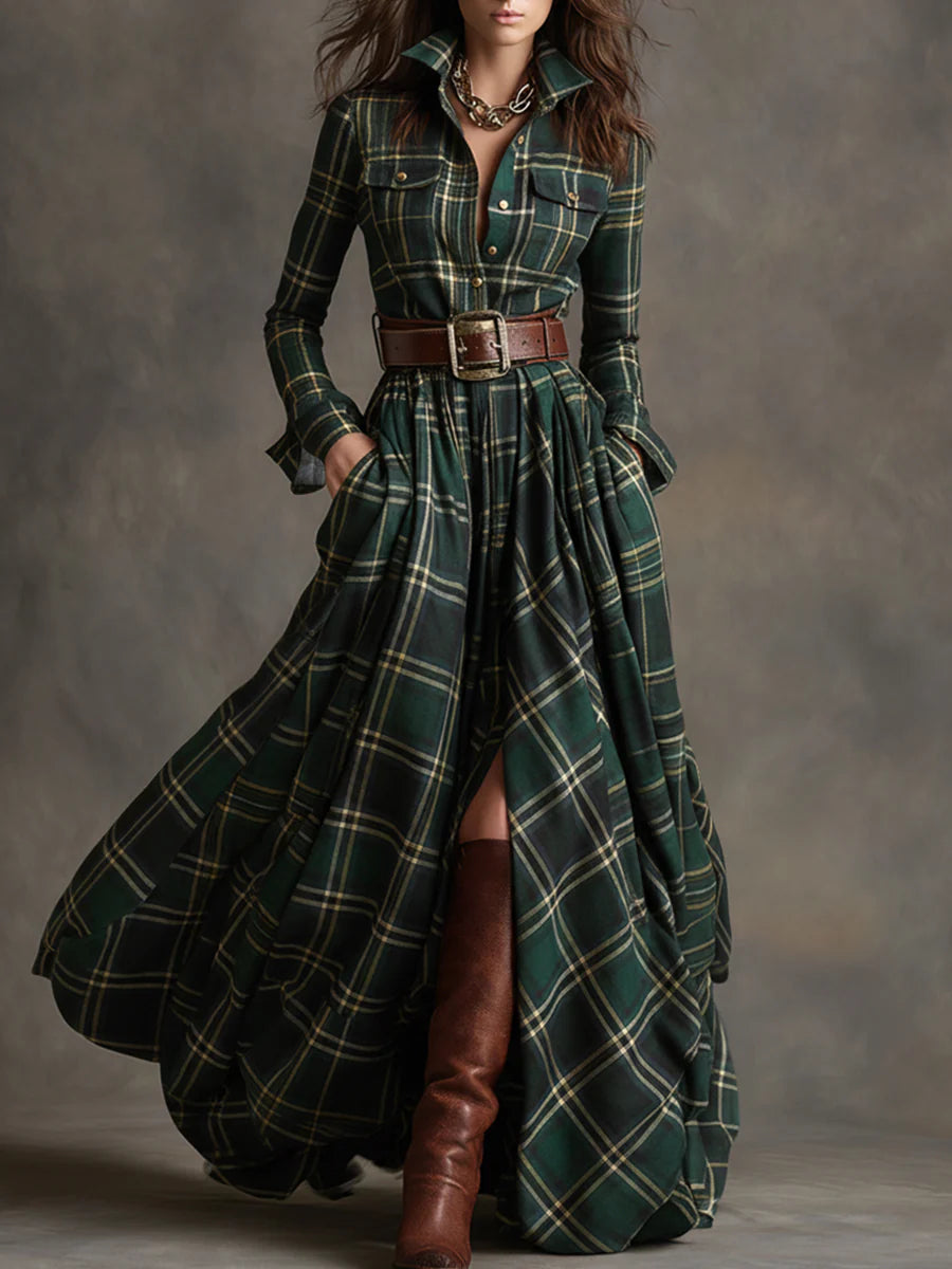 Béatrice | Long Plaid Dress with Belt