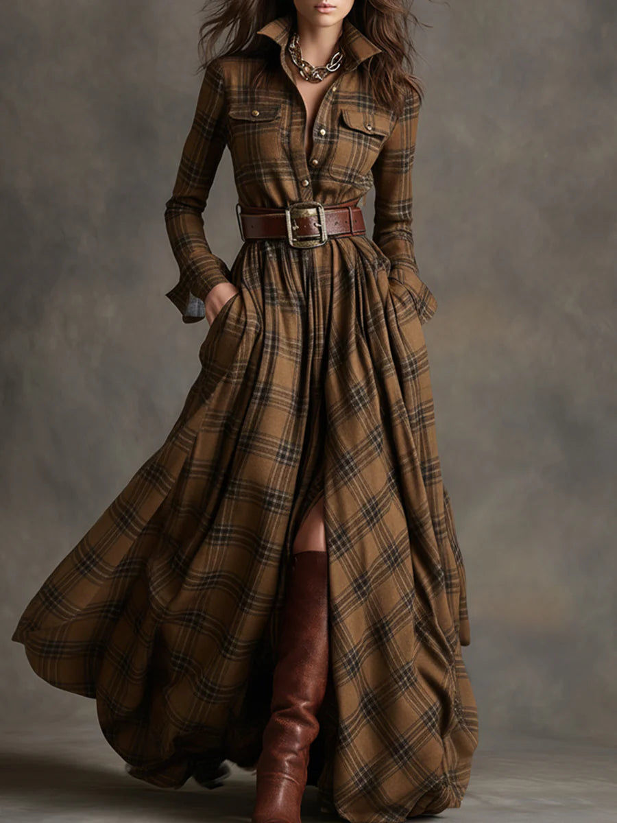 Béatrice | Long Plaid Dress with Belt