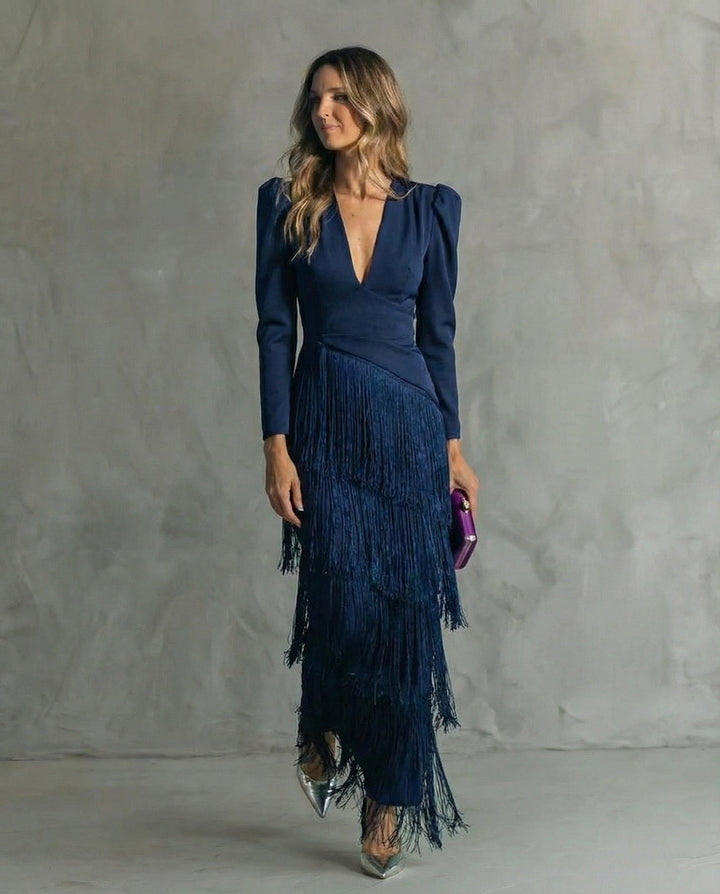Elegant Fringe Sleeve Midi Dress