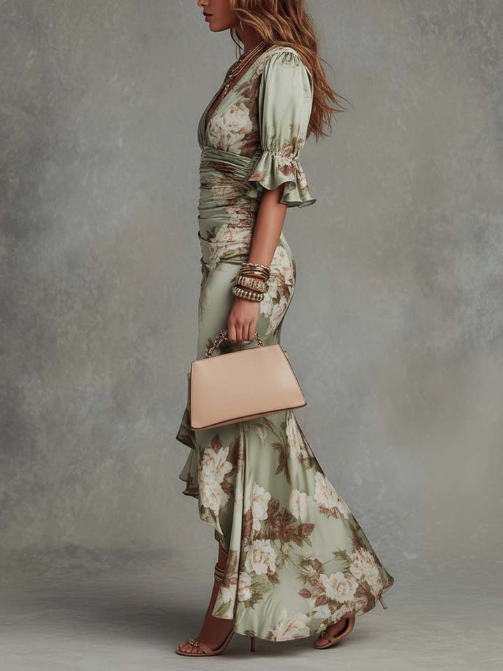 Floral Satin Asymmetrical Maxi Dress