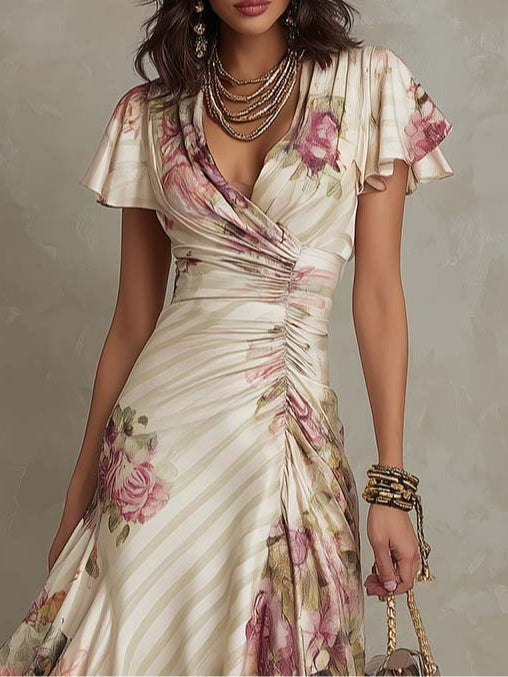 Vintage Floral Satin Midi Dress