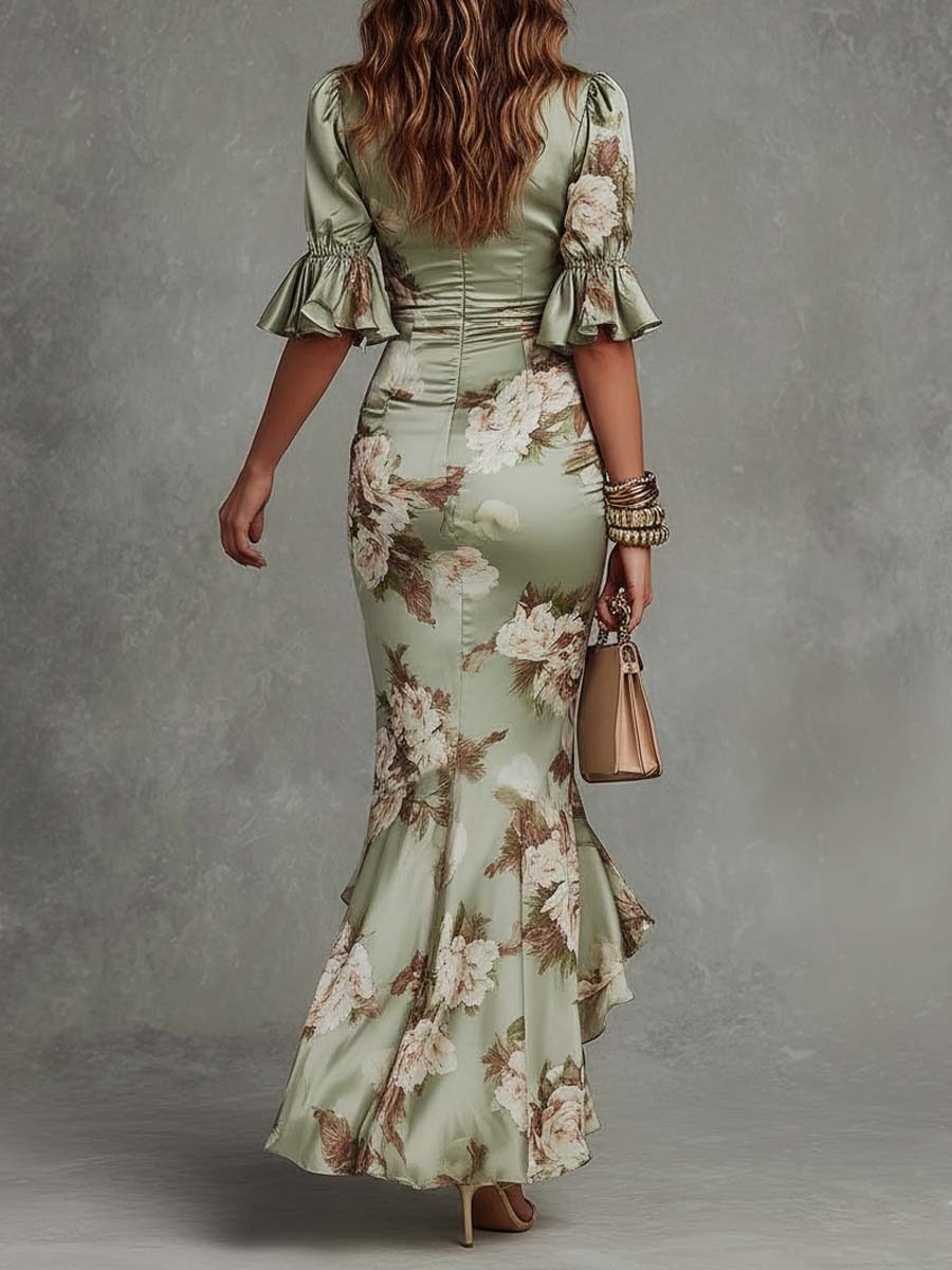 Floral Satin Asymmetrical Maxi Dress
