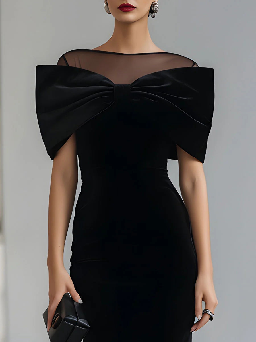 Elegant Velvet Bow Midi Dress