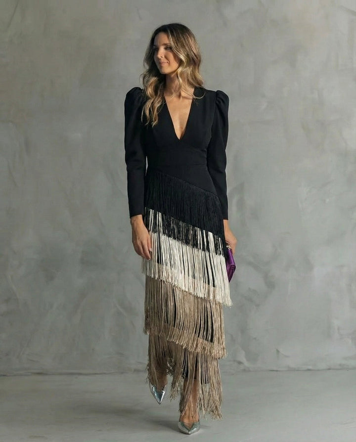 Elegant Fringe Sleeve Midi Dress