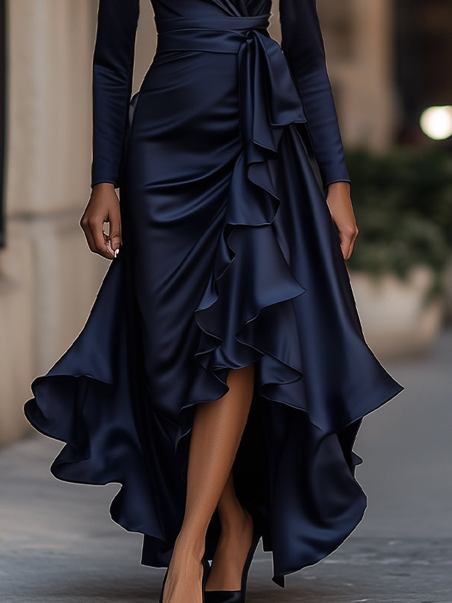 Elegant Satin Ruffle Maxi Dress