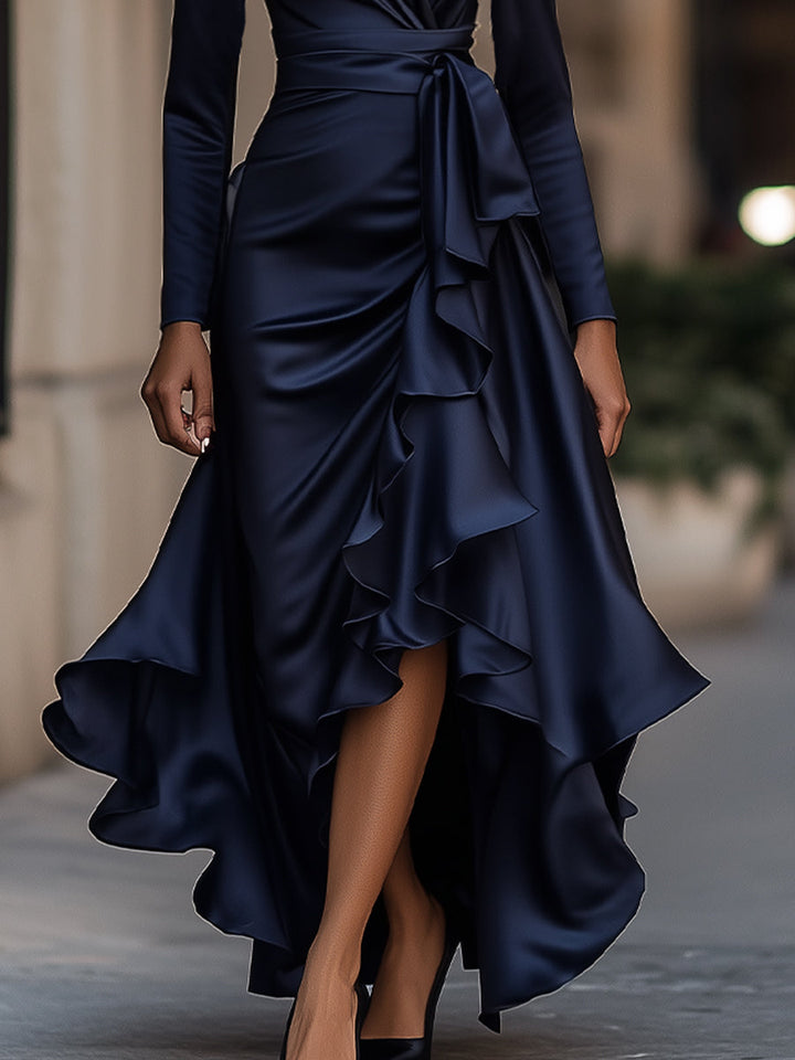 Elegant Satin Ruffle Maxi Dress