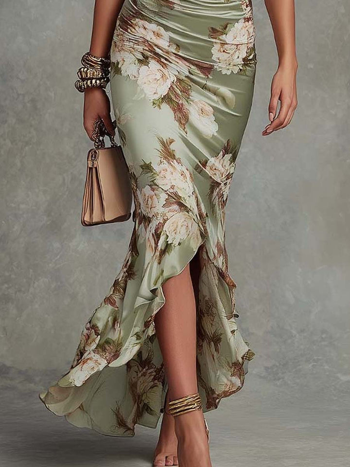 Floral Satin Asymmetrical Maxi Dress