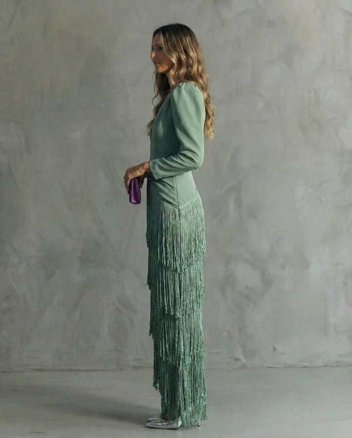 Elegant Fringe Sleeve Midi Dress