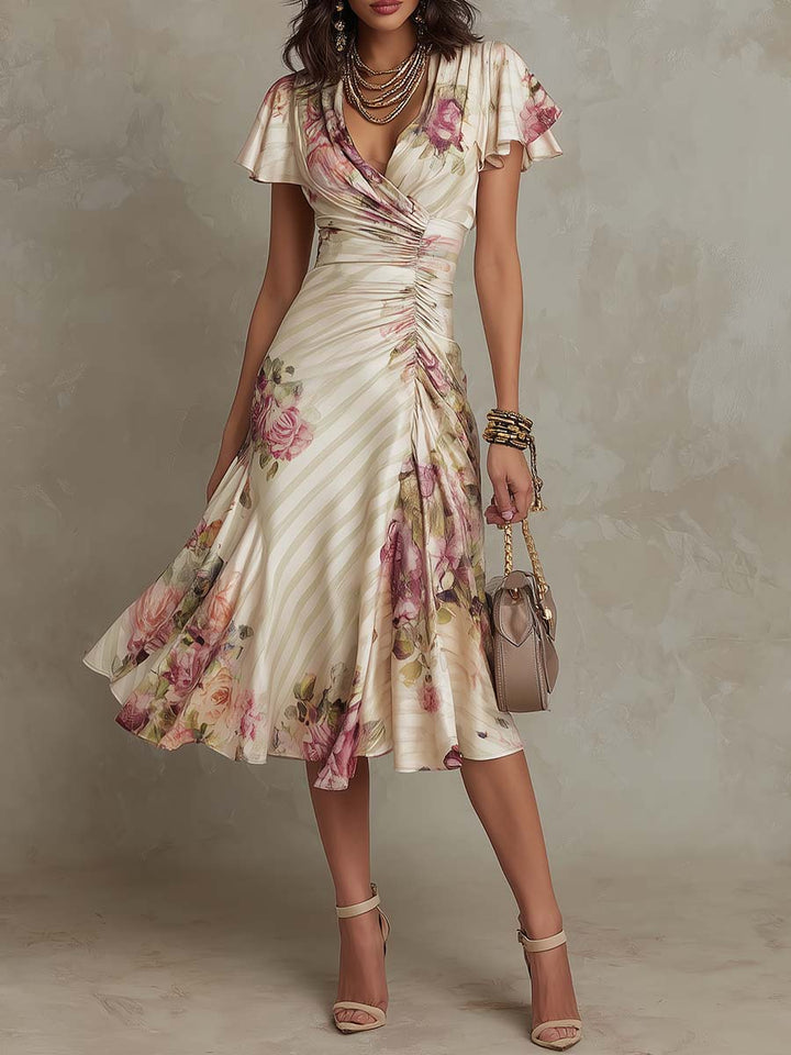 Vintage Floral Satin Midi Dress