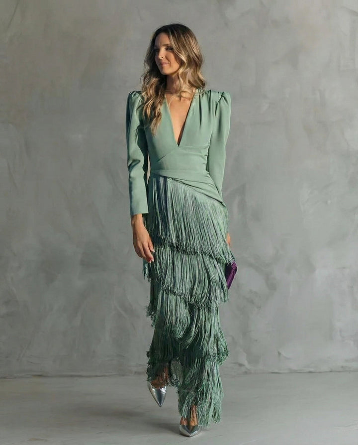 Elegant Fringe Sleeve Midi Dress