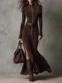 Marceline | Long Brown Dress with Belt