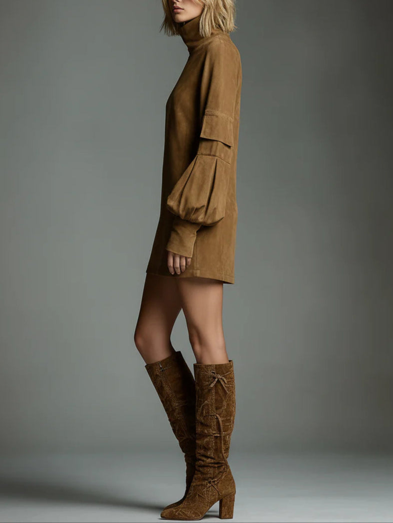 Bibiane | Oversized Faux Suede Mini Dress with High Neck