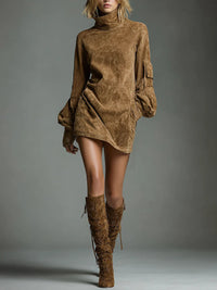 Bibiane | Oversized Faux Suede Mini Dress with High Neck