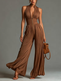 ESSENTIAL - Zsófia Jumpsuit | Brown Pleated Chiffon